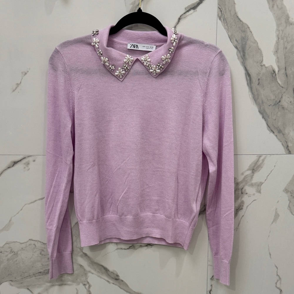 Zara Light Purple Sweater with Pearl Diamond Flower Collar - Picture 2 of 8
